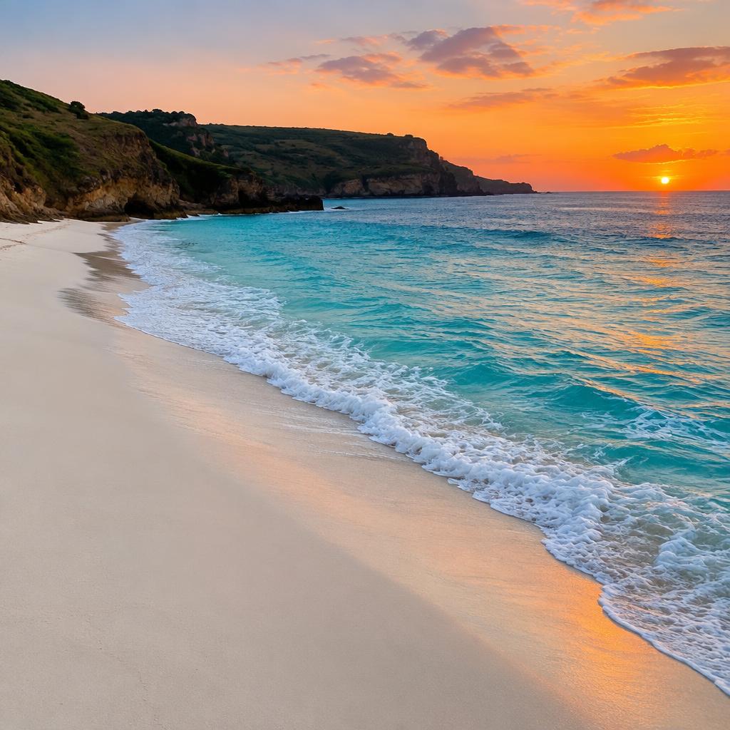 White sand beach with turquoise water at sunset