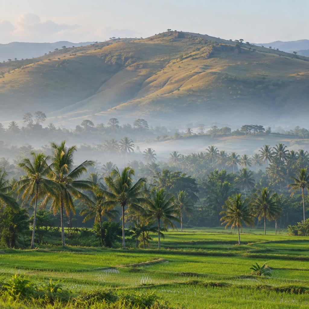Rice paddies and palm trees beneath the hills