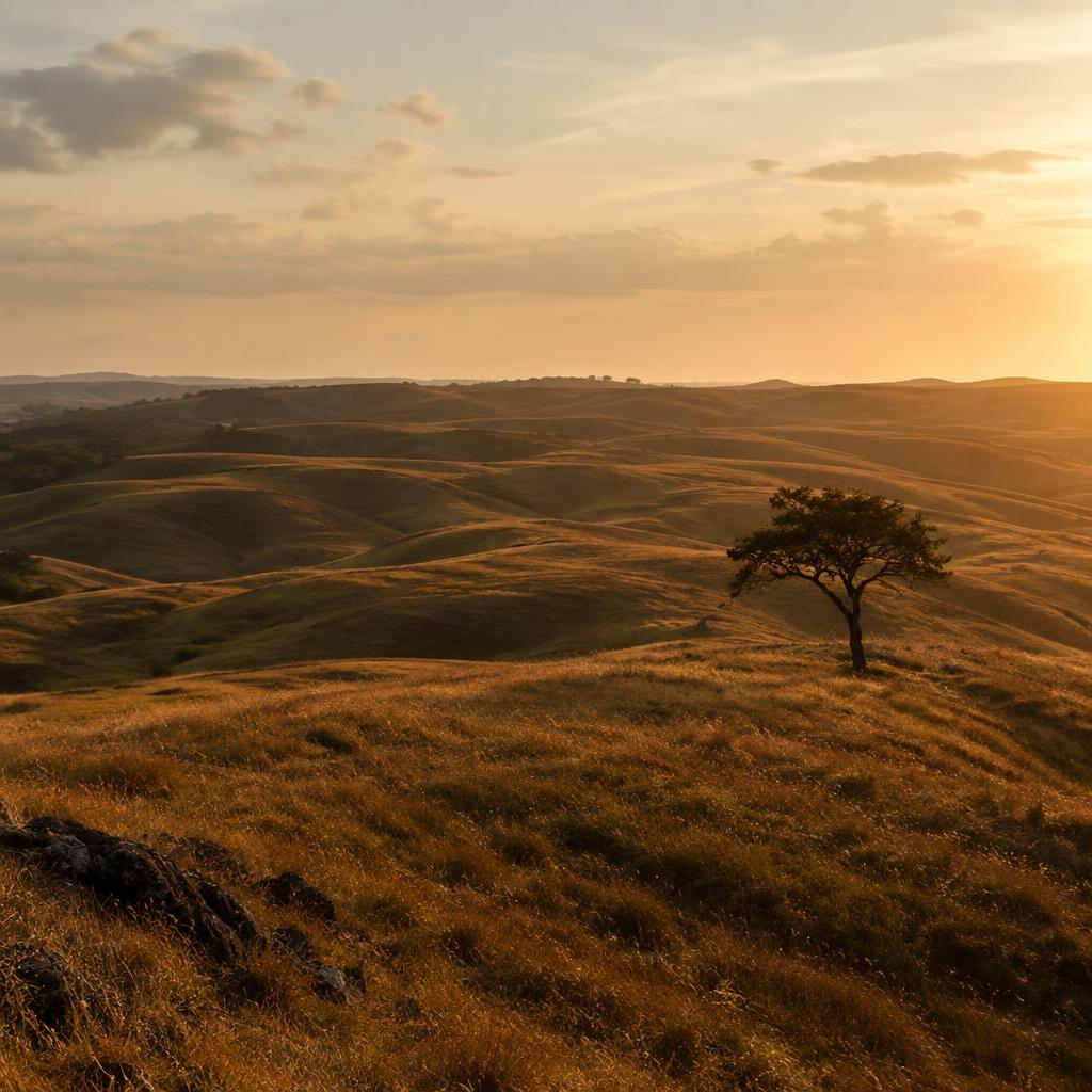 Golden savannah hills of Sumba at sunset