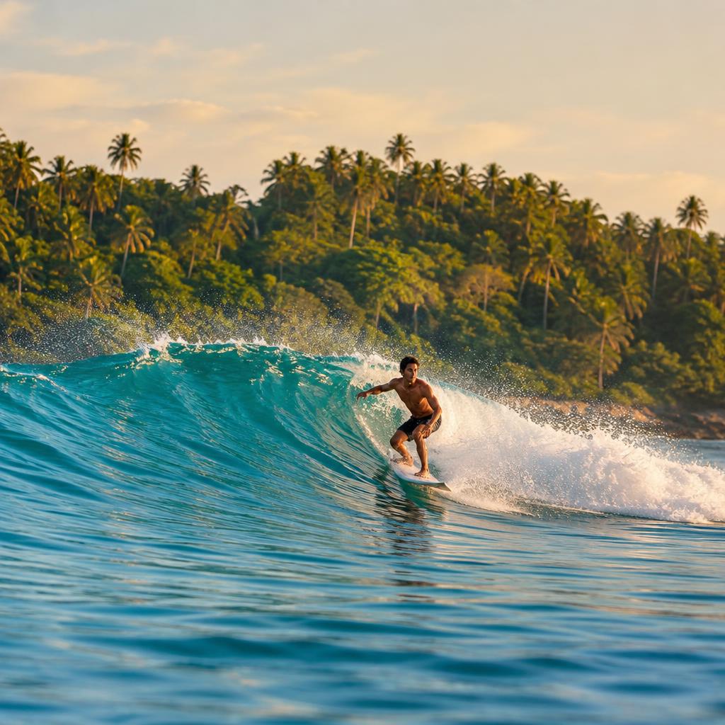 Surfer riding a turquoise wave