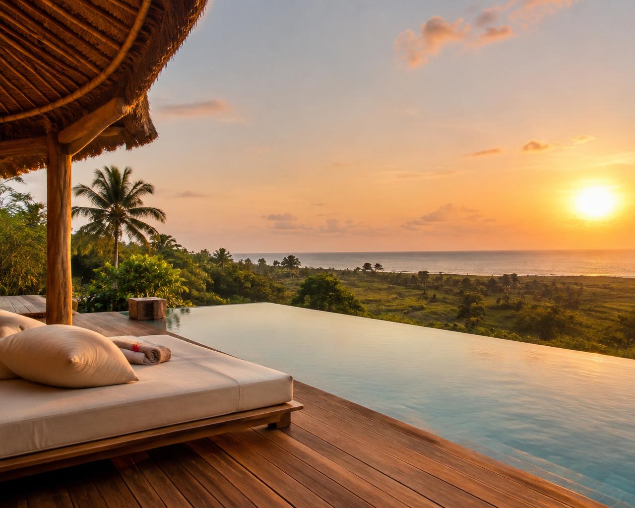 Villa terrace with infinity pool at sunset
